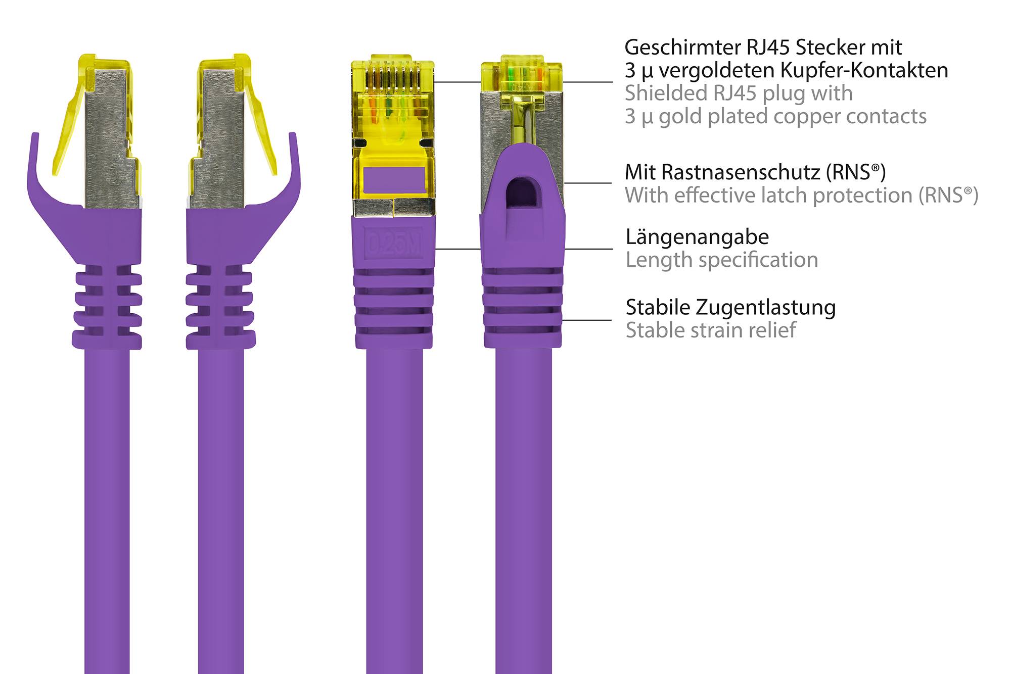 Good Connections® RJ45 Patchkabel mit Cat. 7 Rohkabel und Rastnasenschutz (RNS®), S/FTP, PiMF, 500MHz, violett, 2m-1