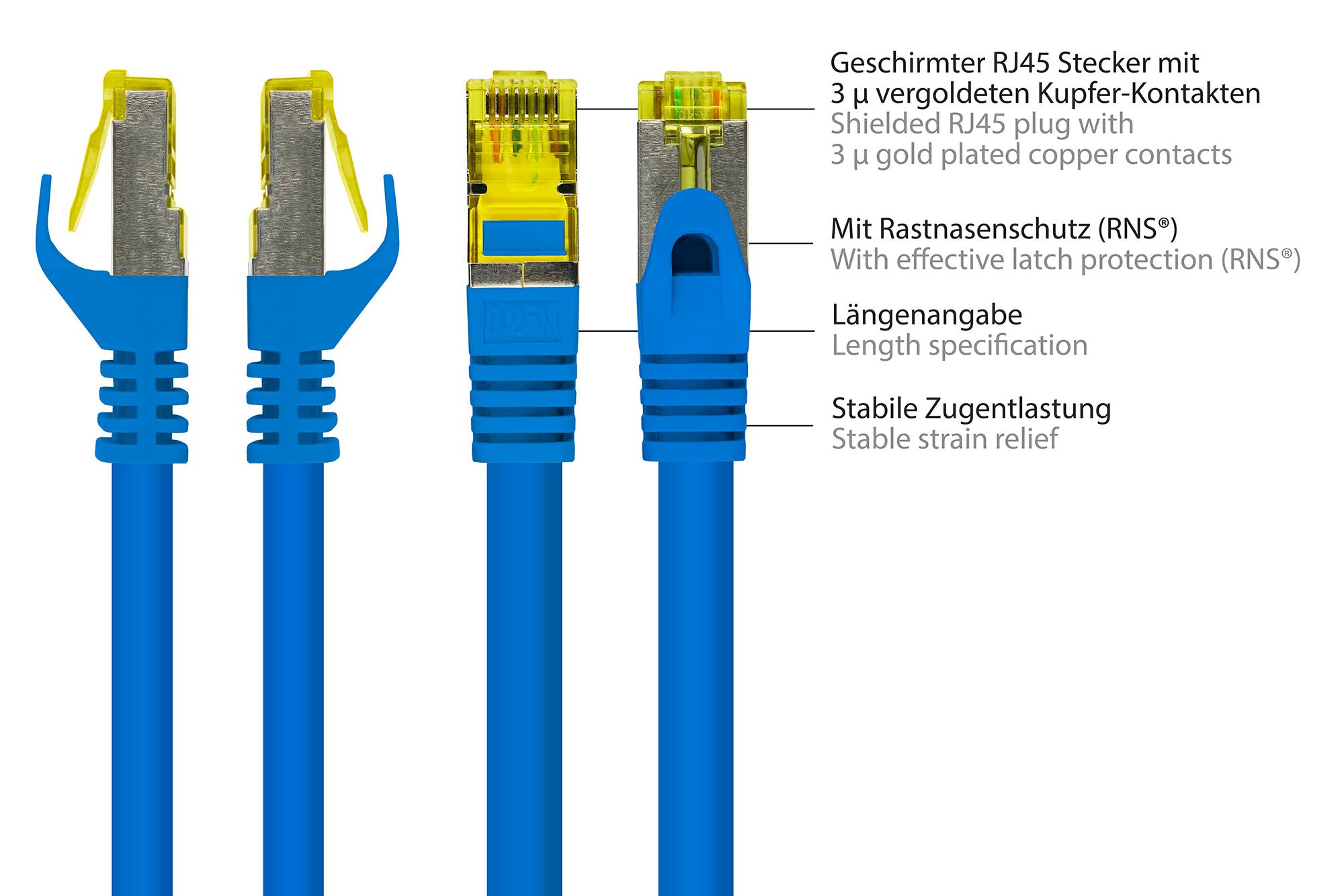 Kabelmeister® RJ45 Patchkabel mit Cat. 7 Rohkabel und Rastnasenschutz (RNS®), S/FTP, PiMF, halogenfrei, blau, 3m-1