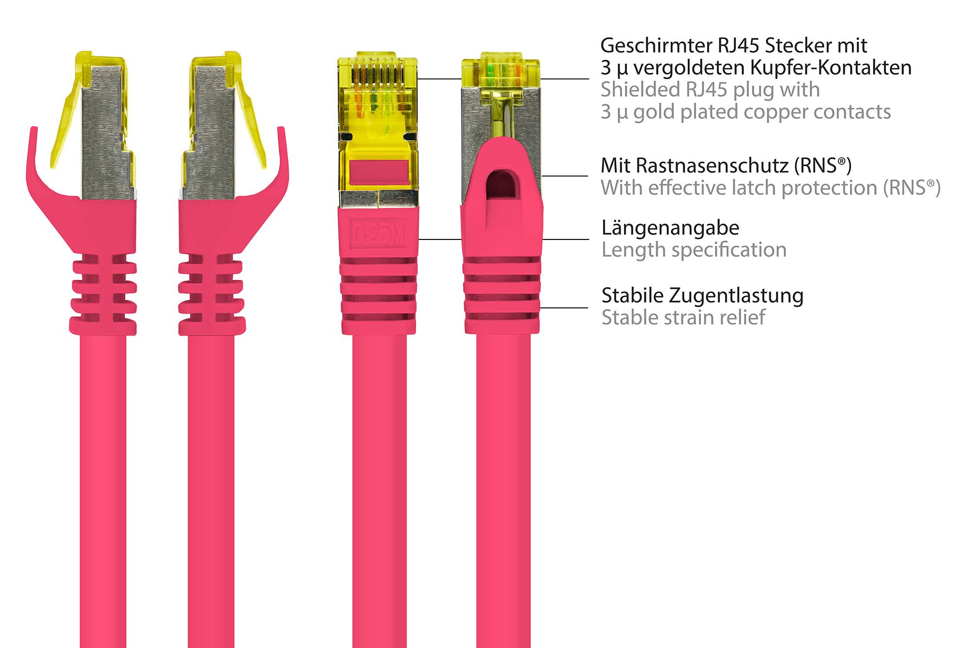Kabelmeister® RJ45 Patchkabel mit Cat. 7 Rohkabel und Rastnasenschutz (RNS®), S/FTP, PiMF, halogenfrei, magenta, 3m-1