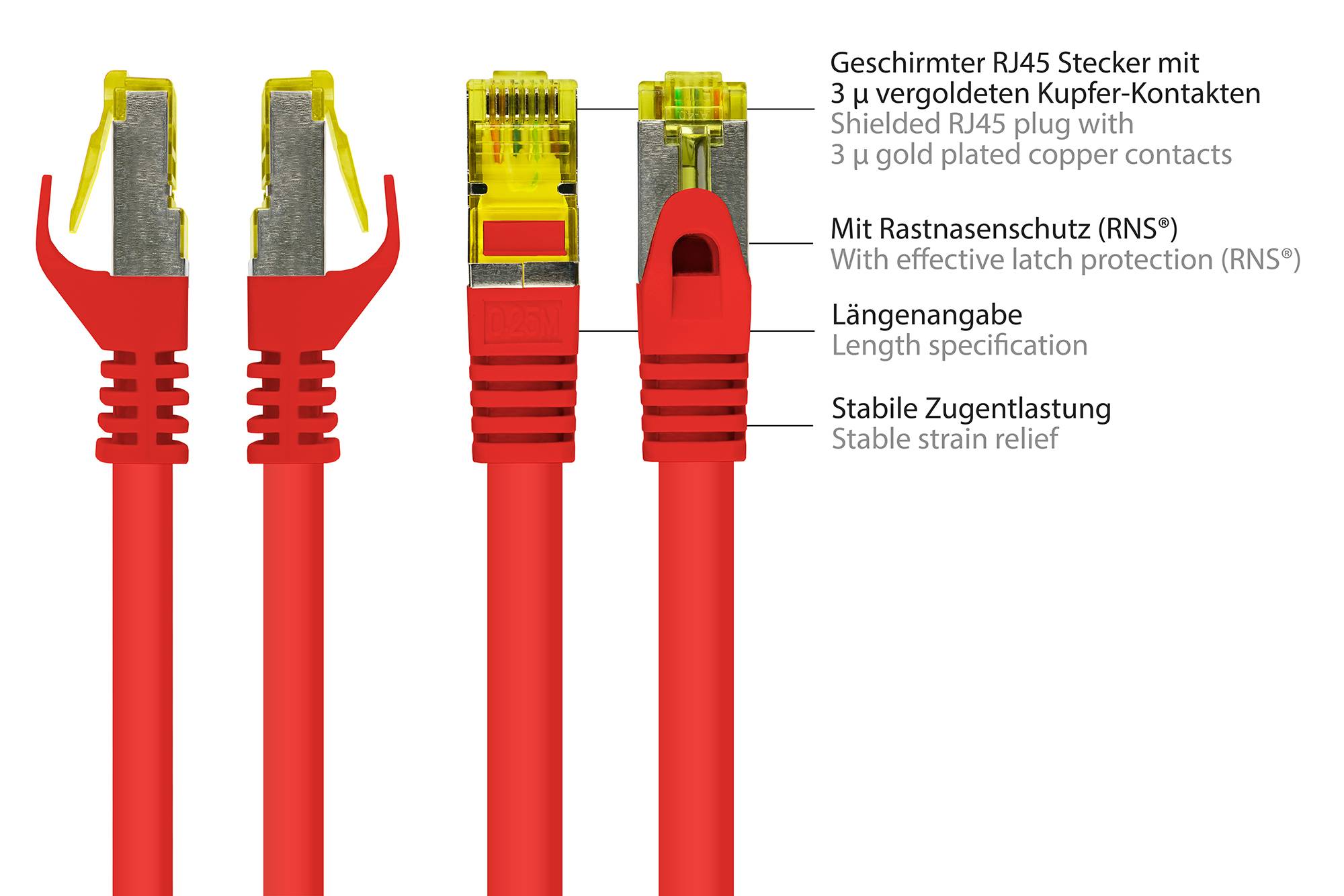 Kabelmeister® RJ45 Patchkabel mit Cat. 7 Rohkabel und Rastnasenschutz (RNS®), S/FTP, PiMF, halogenfrei, rot, 0,5m-1