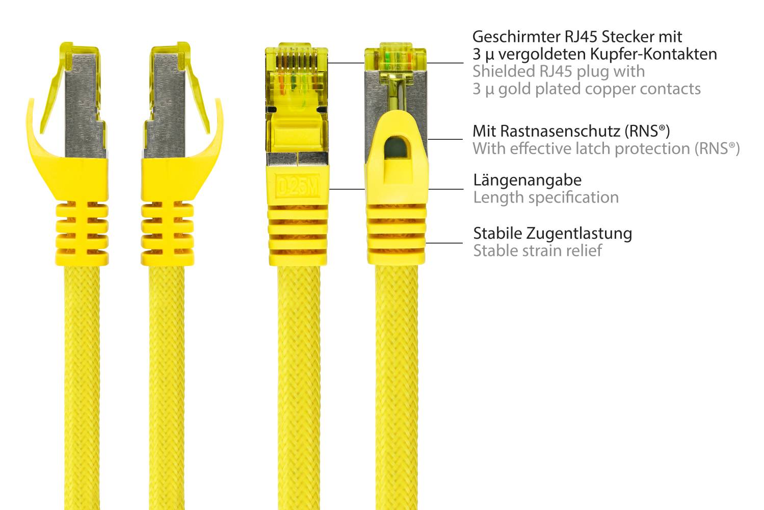 Python® Series RJ45 Patchkabel mit Cat. 7 Rohkabel, und Nylongeflecht, S/FTP, PiMF, 500MHz, OFC, gelb, 5m-1