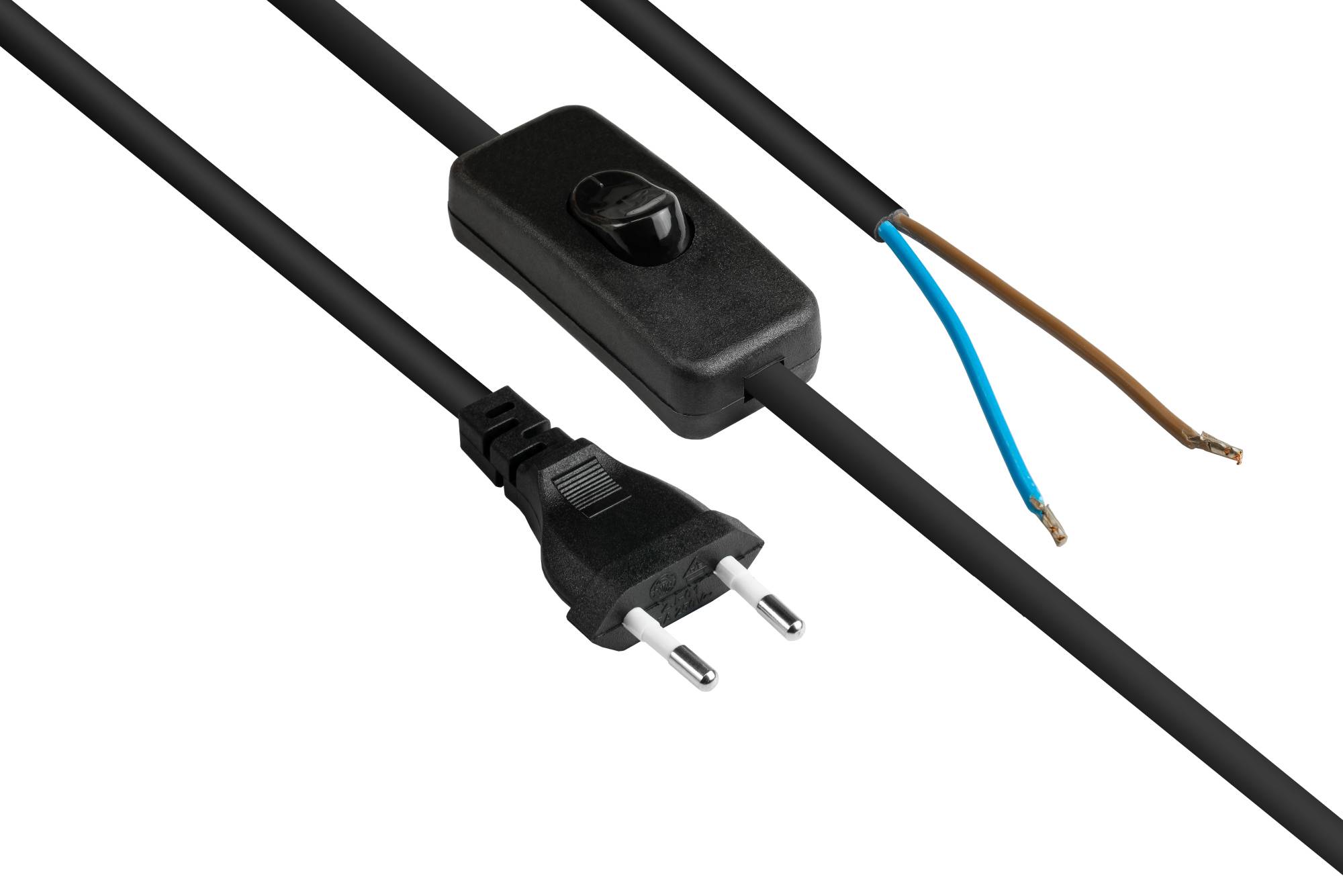 Kabelmeister® Euro-Netzkabel Euro-Stecker Typ C (gerade) an abisolierte Enden, mit Schalter, schwarz, 0,75 mm², 1,5 m-0