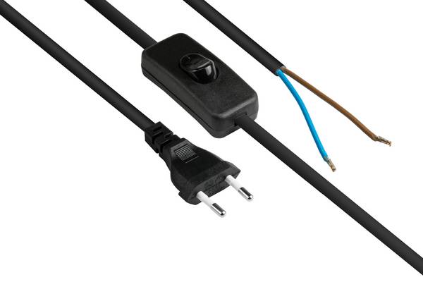 Kabelmeister® Euro-Netzkabel Euro-Stecker Typ C (gerade) an abisolierte Enden, mit Schalter, schwarz, 0,75 mm², 1,5 m