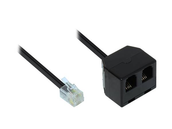 Good Connections® Adapter Modular Verbinder, Western-Stecker 4/4 auf 2x Western-Kupplung 4/4, schwarz, 0,15m