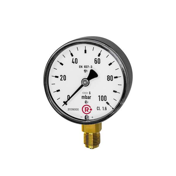 RIEGLER Kapselfedermanometer, Gehäuse Stahl, schwarz, Anschluss radial unten, G 1/4, Güteklasse 1,6, Messber. 0 - 40 mba