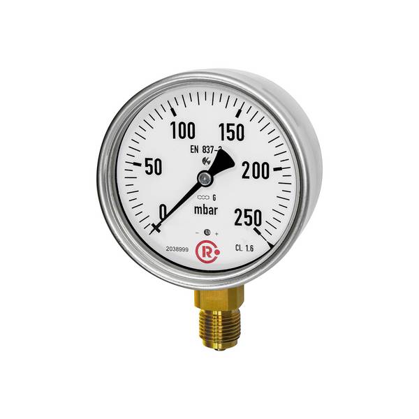 RIEGLER Kapselfedermanometer, Gehäuse CrNi-Stahl, Anschluss radial unten, G 1/2, Güteklasse 1,6, Messber. -100 / 0 mbar,