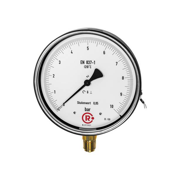 RIEGLER Feinmessmanometer, Anschluss radial unten, G 1/2, Güteklasse 0,6, Skaleneinteil. 0,050, Messber. 0 - 10,0 bar, Ø