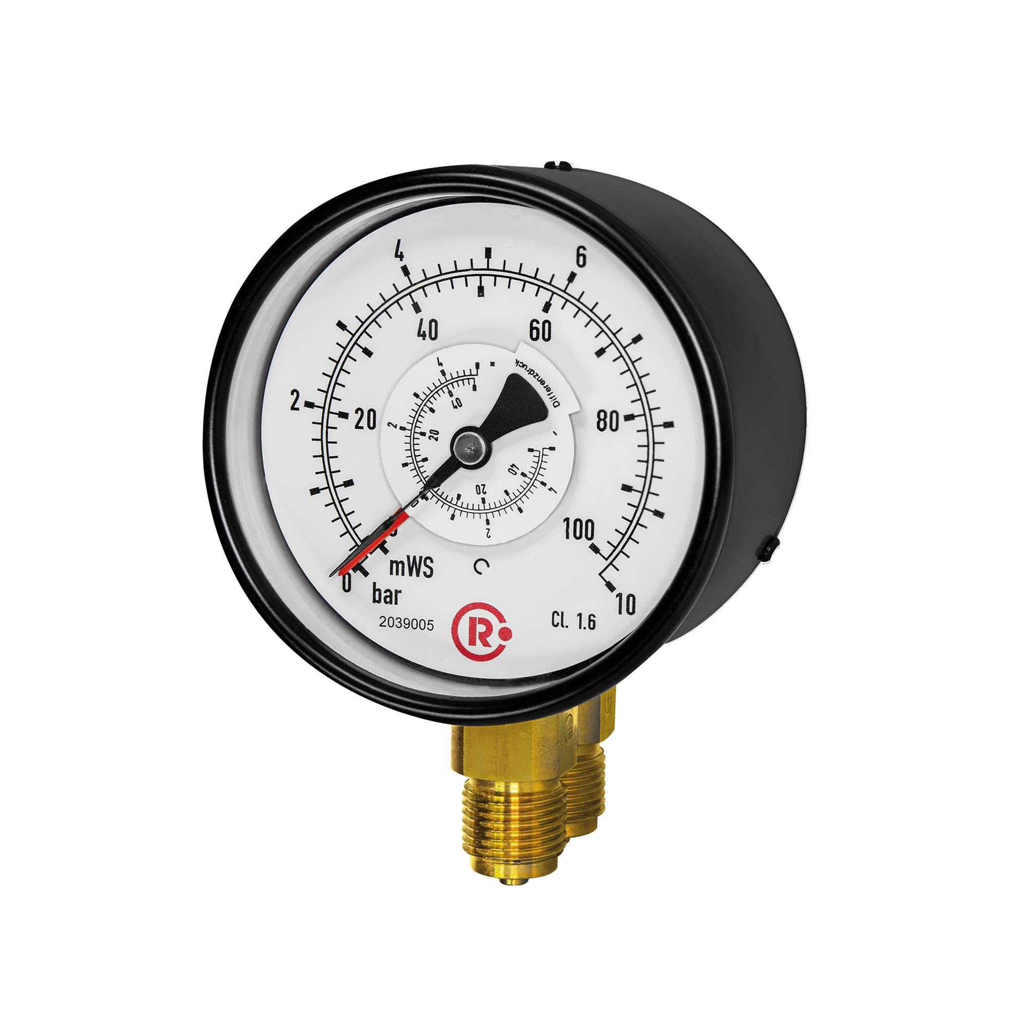 RIEGLER Differenzdruckmanometer mit 2 Parallelzapfenanschlüsse radial unten, G 1/2, Güteklasse 1,6, Messber. 0-1,0 bar,-0