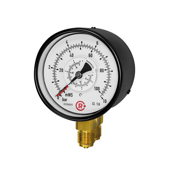 RIEGLER Differenzdruckmanometer mit 2 Parallelzapfenanschlüsse radial unten, G 1/2, Güteklasse 1,6, Messber. 0-6,0 bar,