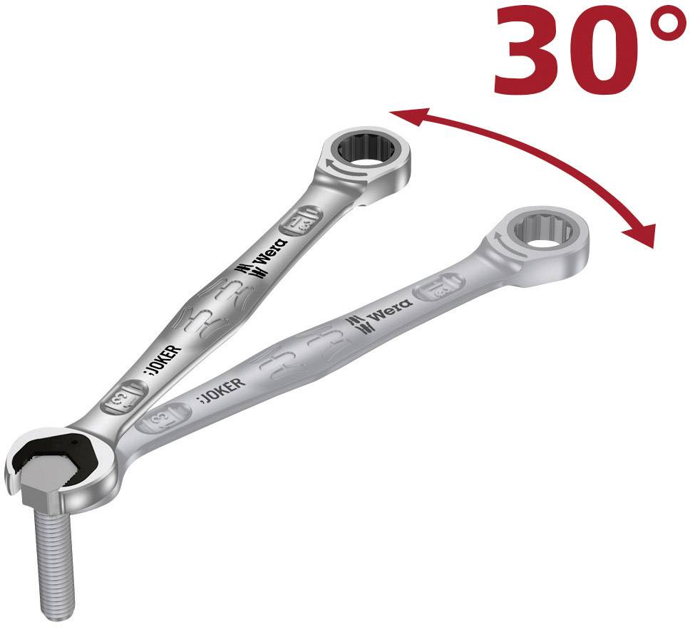 Zwei offene Ringmaulschlüssel greifen eine Schraube an, zeigen einen 30°-Winkel an.