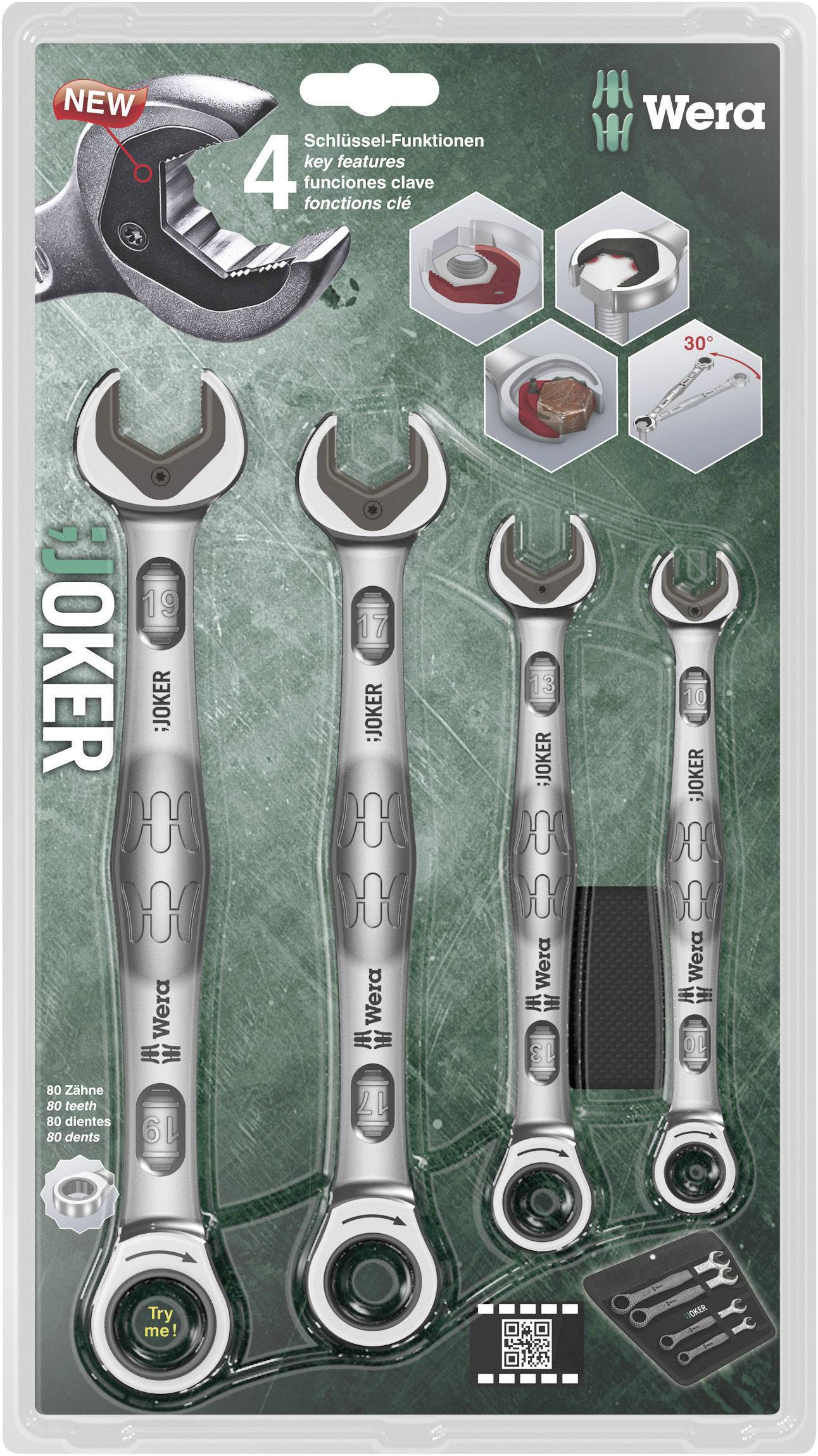'Satz aus vier Wera Joker Schraubenschlüsseln in verschiedenen Größen. Funktionen wie Halteplatte, kleiner Rückstellwinkel, abgewinkelte Köpfe.'