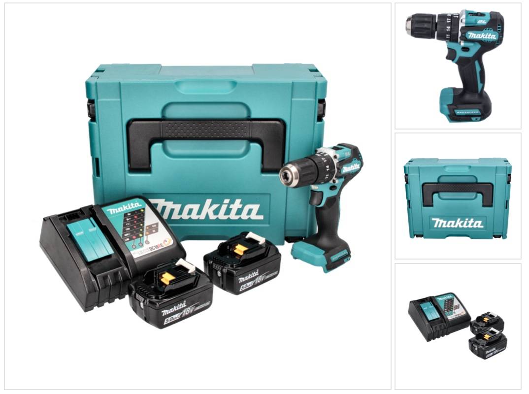 Makita DHP 487 RTJ Akku Schlagbohrschrauber 18 V 40 Nm Brushless + 2x Akku 5,0 Ah + Ladegerät + Makpac-0