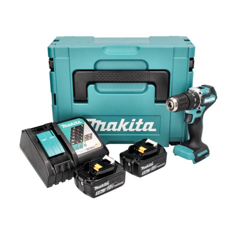 Makita DHP 487 RTJ Akku Schlagbohrschrauber 18 V 40 Nm Brushless + 2x Akku 5,0 Ah + Ladegerät + Makpac-1