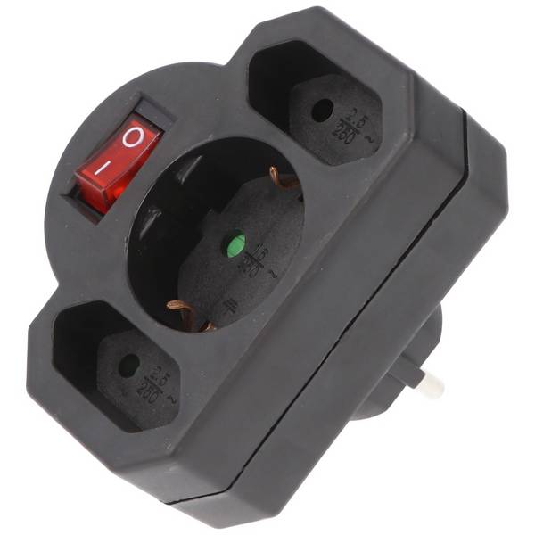 Multistecker 2x Euro und 1x Schutzkontakt schwarz mit Schalter