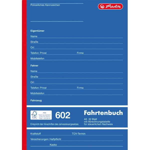 herlitz Formularbuch "Fahrtenbuch 602", A5, 32 Blatt