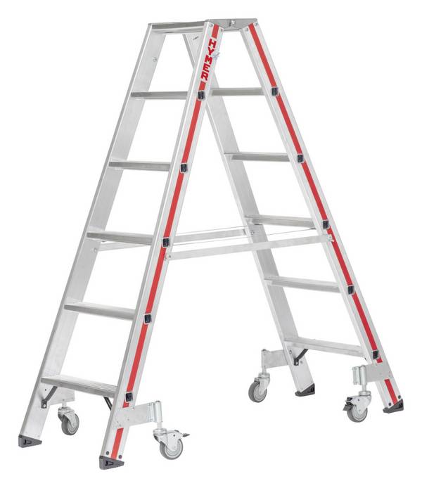 Rollbare Stufenleiter,beidseitig,2x6 Stufen,Stand H 0,92m,Holm L 1,53m,Alu