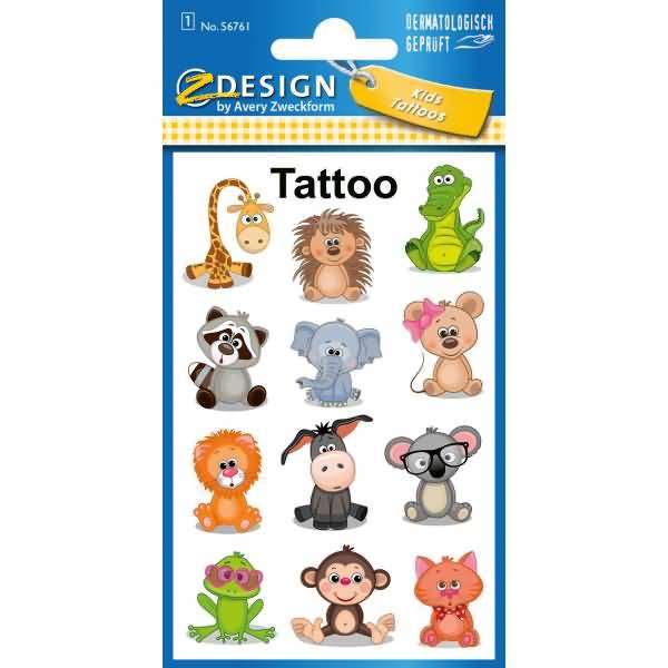 Kinder Tattoos Tattoofolie Koala Frosch Giraffe usw. bunt 12 Aufkleber