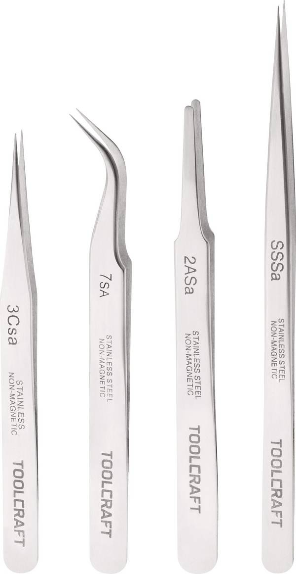 TOOLCRAFT 816747  Pinzetten-Set 4teilig SS SA, 2a SA, 7 SA, 3c SA Flach-rund, Sichelspitze, gebogen 55°, Spitz, Spitz, schlank