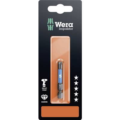 Verpackung eines Wera Impaktor Bits. Enthält einen Torx-Bit mit der Größe T5. Eignet sich für anspruchsvolle Schraubarbeiten.