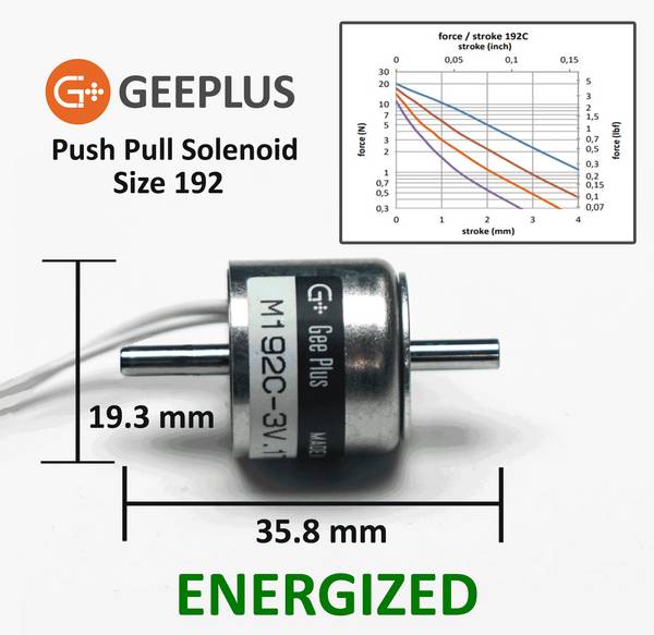 Geeplus Push/Pull-Hubmagnet (Kurzhubmagnet) M192C-3V, Ø19,3 x 17,5mm, 2,3W Dauer, bis 4mm Hub, Haltekraft >10N (100%ED)
