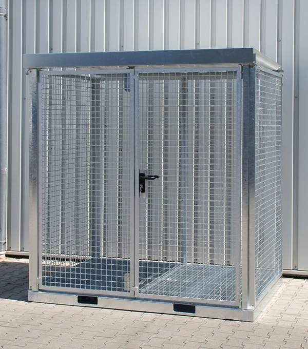Gasflaschencontainer B2115xT1570xH2260mm verzinkt,m.Dach m.Gitterrostboden BAUER