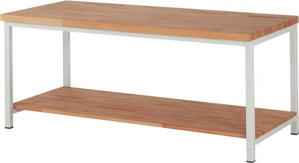 Werkbank, BxTxH 2000x900x840 mm, Platte Buche 40 mm, Ablageboden, RAL 7035
