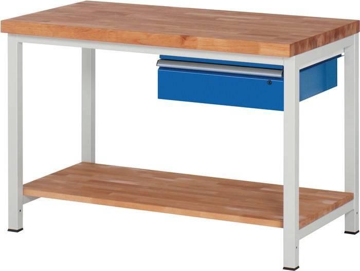 Werkbank, BxTxH 1250x700x840 mm, 1 Schublade 150 mm, Ablageboden, Platte Buche 40 mm, RAL 7035/5010-0