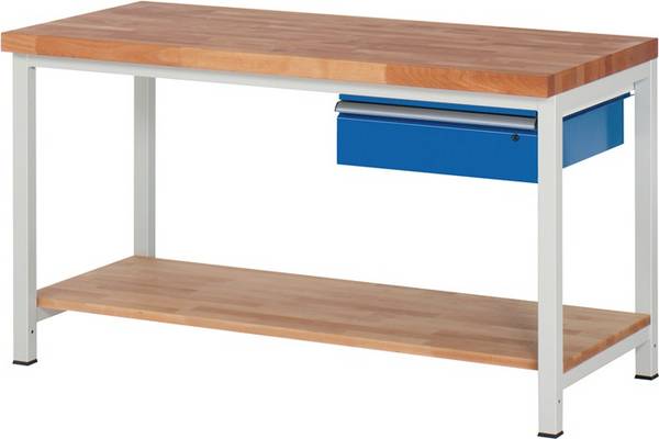 Werkbank, BxTxH 1500x700x840 mm, 1 Schublade 150 mm, Ablageboden, Platte Buche 40 mm, RAL 7035/5010