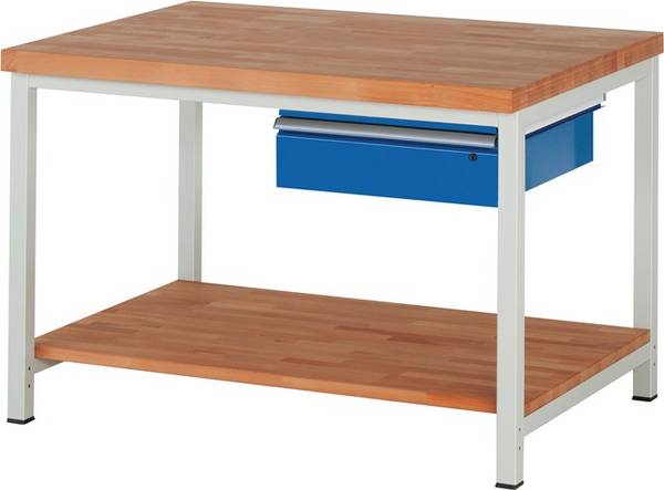 Werkbank, BxTxH 1250x900x840 mm, 1 Schublade 150 mm, Ablageboden, Platte Buche 40 mm, RAL 7035/5010