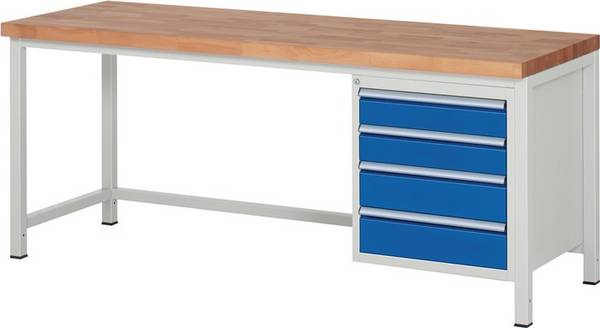 Werkbank, BxTxH 2000x700x840 mm, 4 Schubladen 2x120/2x150 mm, Platte Buche 40 mm, RAL 7035/5010