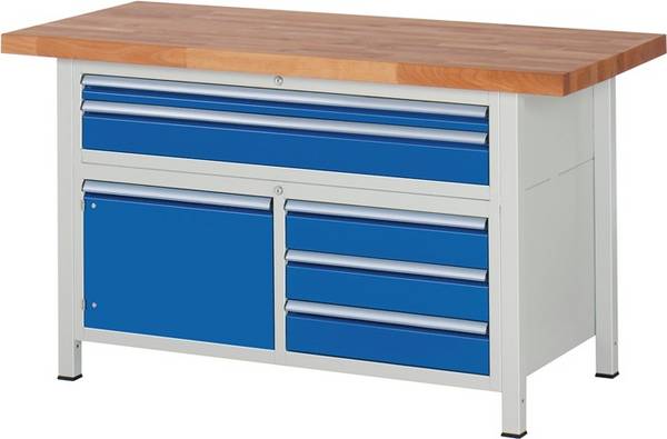 Werkbank, BxTxH 1500x700x840 mm, 2 Schubladen: 60/120 mm, 1 Tür 360 mm, 3 Schubladen 120 mm, Platte Buche 40 mm, RAL 703