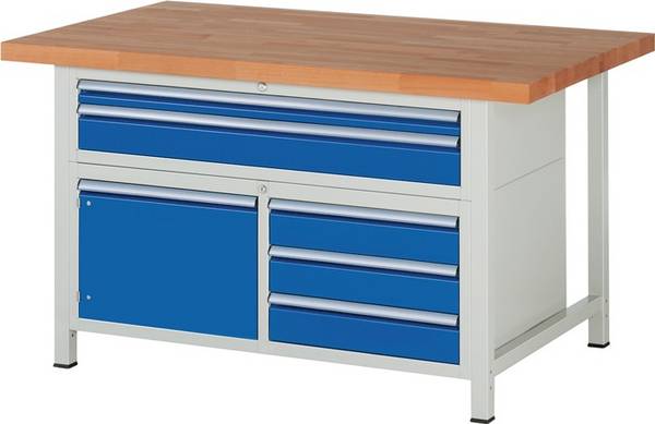 Werkbank, BxTxH 1500x900x840 mm, 2 Schubladen: 60/120 mm, 1 Tür 360 mm, 3 Schubladen 120 mm, Platte Buche 40 mm, RAL 703