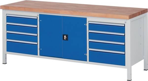 Werkbank, BxTxH 2000x700x840 mm, 8 Schubladen: 6x120/2x180 mm, 1 Doppeltür mit 1 Boden, Platte Buche 40 mm, RAL 7035/501