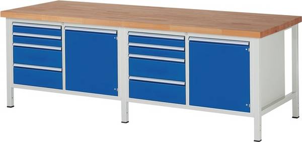 Werkbank, BxTxH 2500x900x840 mm, 8 Schubladen: 4x90/4x180 mm, 2 Türen 540 mm, 2 Böden, Platte Buche 40 mm, RAL 7035/5010