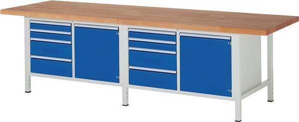 Werkbank, BxTxH 3000x900x840 mm, 8 Schubladen: 4x90/4x180 mm, 2 Türen 540 mm, 2 Böden, Platte Buche 40 mm, RAL 7035/5010