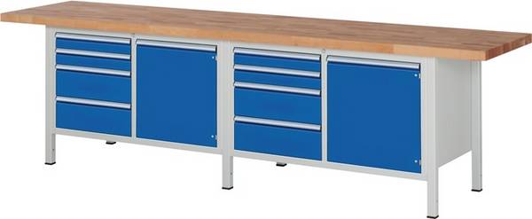 Werkbank, BxTxH 3000x700x840 mm, 8 Schubladen: 4x90/4x180 mm, 2 Türen 540 mm, 2 Böden, Platte Buche 40 mm, RAL 7035/5010