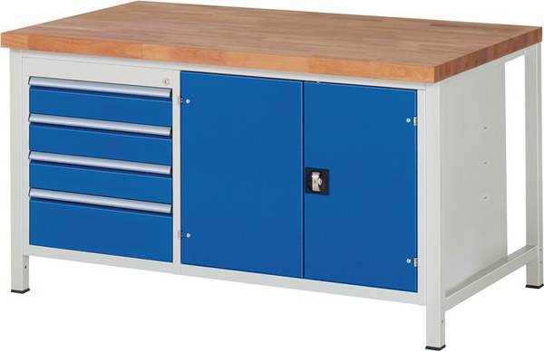 Werkbank, BxTxH 1500x900x840 mm, 4 Schubladen: 3x120/180 mm, 1 Doppeltür mit 1 Boden, Platte Buche 40 mm, RAL 7035/5010