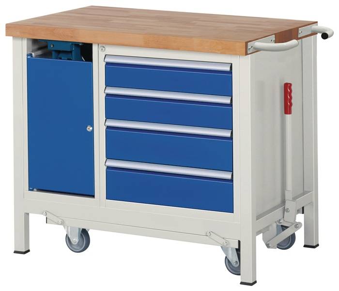 Werkbank Classic B1000xT700xH840mm Buche grau/blau 1Schub.1Tür Schraubst.m.Lift-2