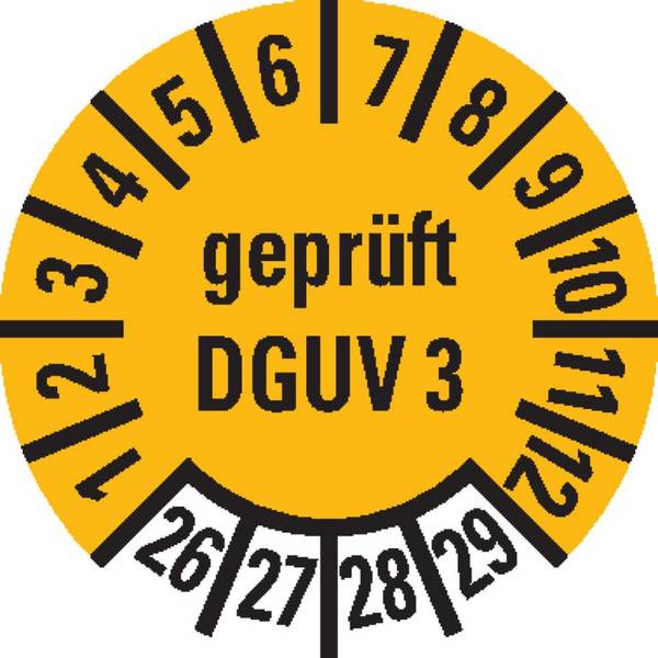 Prüfplakette geprüft nach DGUV 3,26-29,gelb,Folie,ablösbar,Ø 10mm,1000/Rolle