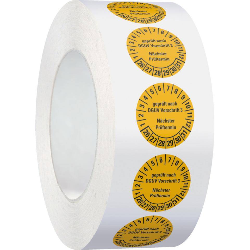 Prüfplakette geprüft nach DGUV Vorschrift 3 Nächster Prüftermin,26-31,gelb,Folie,ablösbar,Ø 25mm,500/Rolle-1