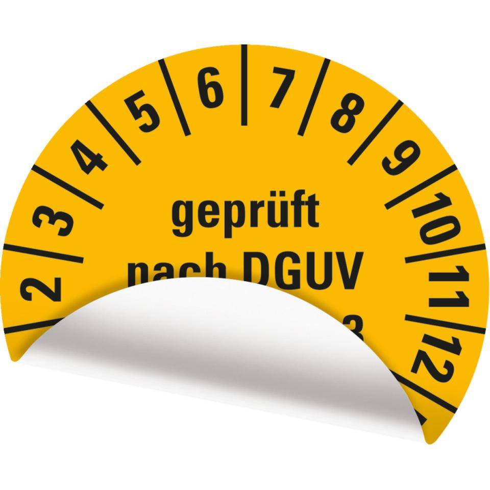 Prüfplakette geprüft nach DGUV Vorschrift 3,26-31,gelb,Folie,ablösbar,Ø 15mm,60/Bogen-2