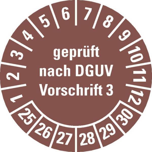 Prüfplakette geprüft nach DGUV Vorschrift 3,25-30,braun,Folie,ablösbar,Ø 15mm,1000/Rolle