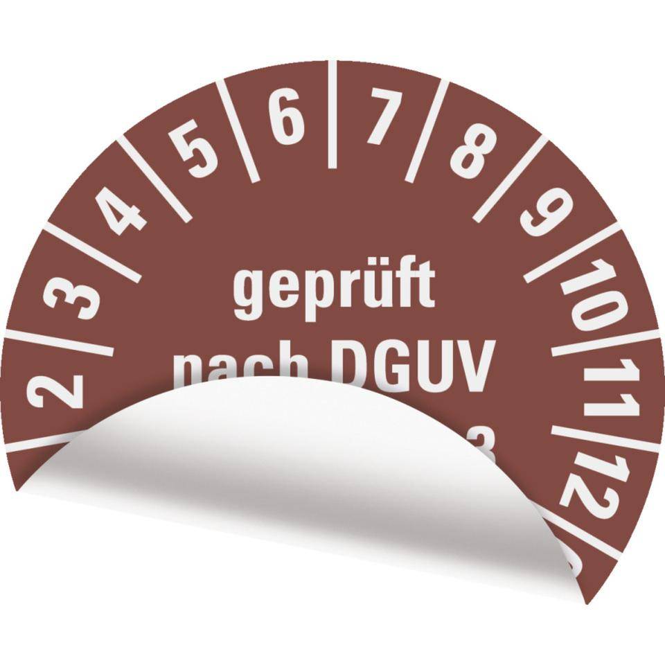 Prüfplakette geprüft nach DGUV Vorschrift 3,25-30,braun,Folie,ablösbar,Ø 15mm,1000/Rolle-1