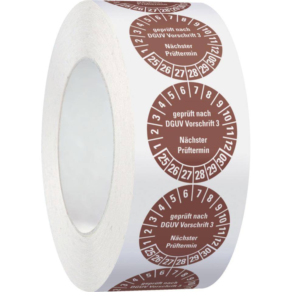 Prüfplakette geprüft nach DGUV Vorschrift 3 Nächster Prüftermin,25-30,braun,Folie,ablösbar,Ø 35mm,500/Rolle-1
