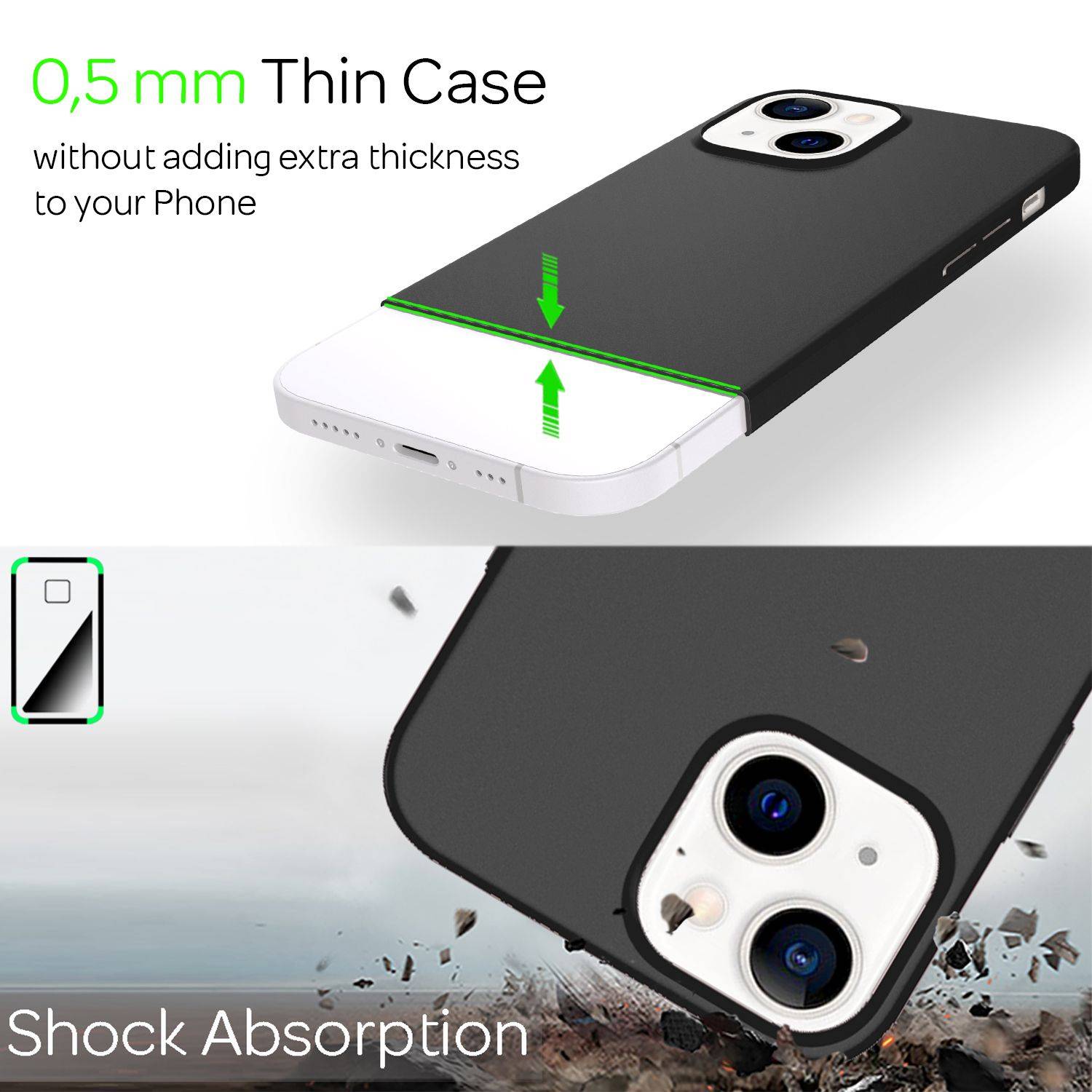 NALIA 0,5mm Dünne Handy Hülle für iPhone 13, Matt Hard Case Cover Bumper Schale Schwarz-2