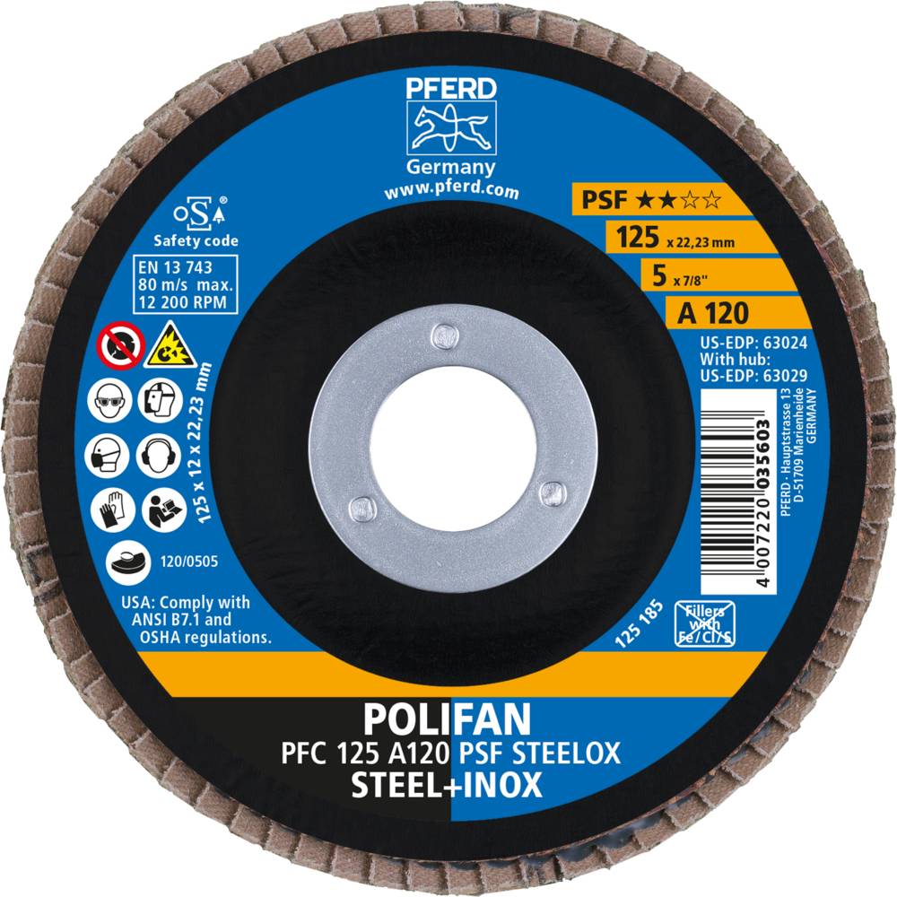 Fächerschleifscheibe - PFERD POLIFAN® - für Stahl/INOX/Kunststoff - konische Ausführung - Bezeichnung PFC 125 A 120 PSF/-2