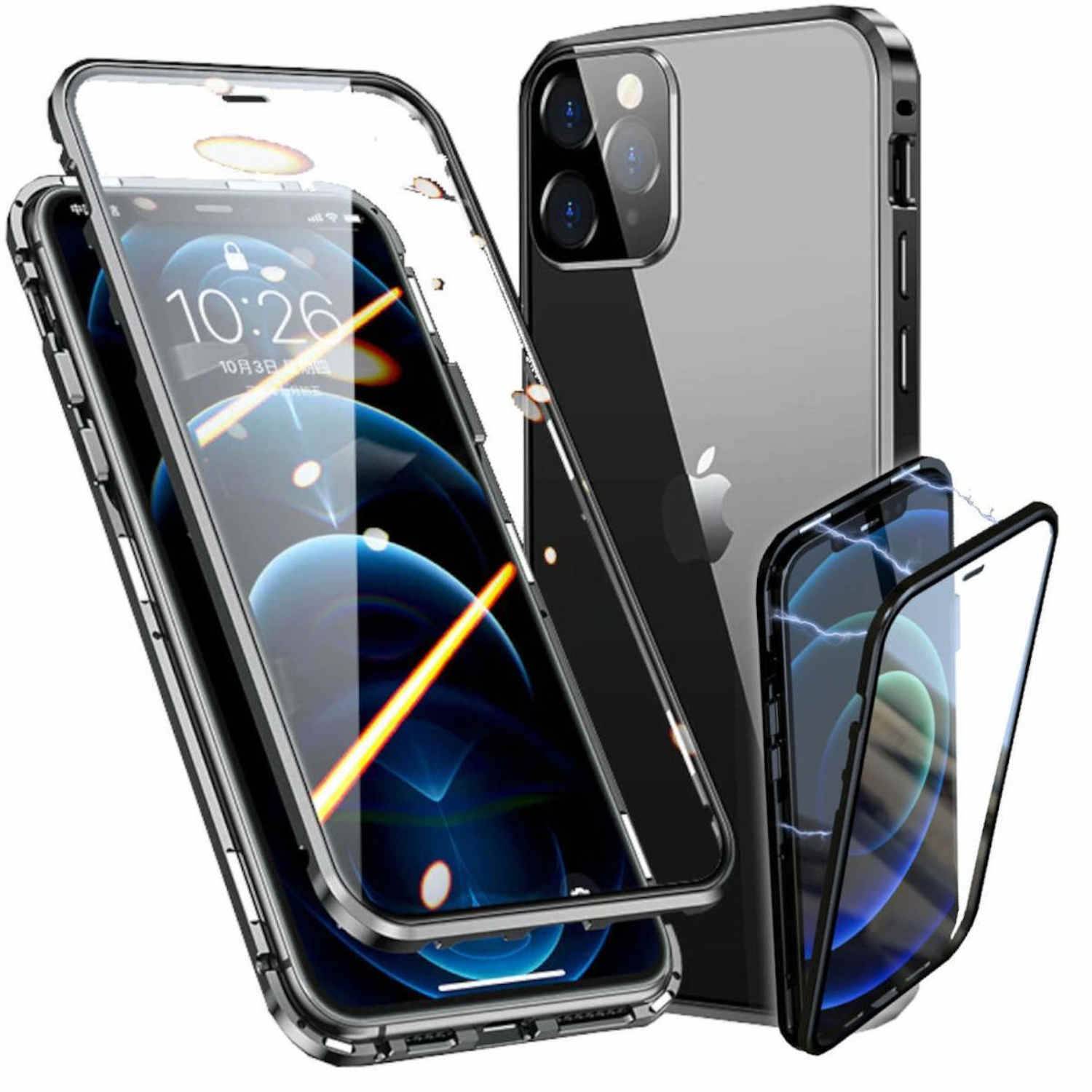 Für Apple iPhone 13 Pro Max Etuis Beidseitiger Magnet Glas Handy Tasche Schwarz-1