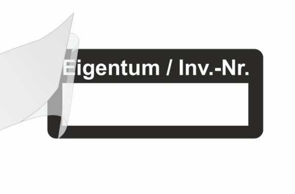 Inventar-Etikett mit anhängendem Laminat, schwarz, "Eigentum / Inv.-Nr." - zum Selbstbeschriften