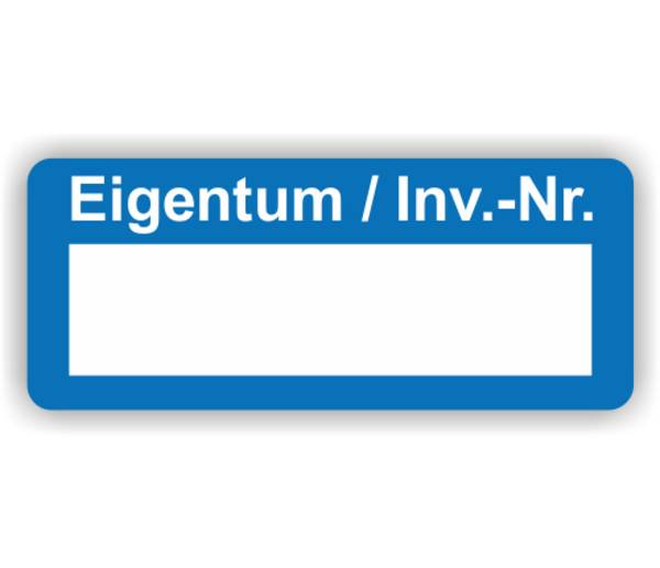 Inventar-Etikett mit anhängendem Laminat, blau "Eigentum / Inv.-Nr." - zum Selbstbeschriften