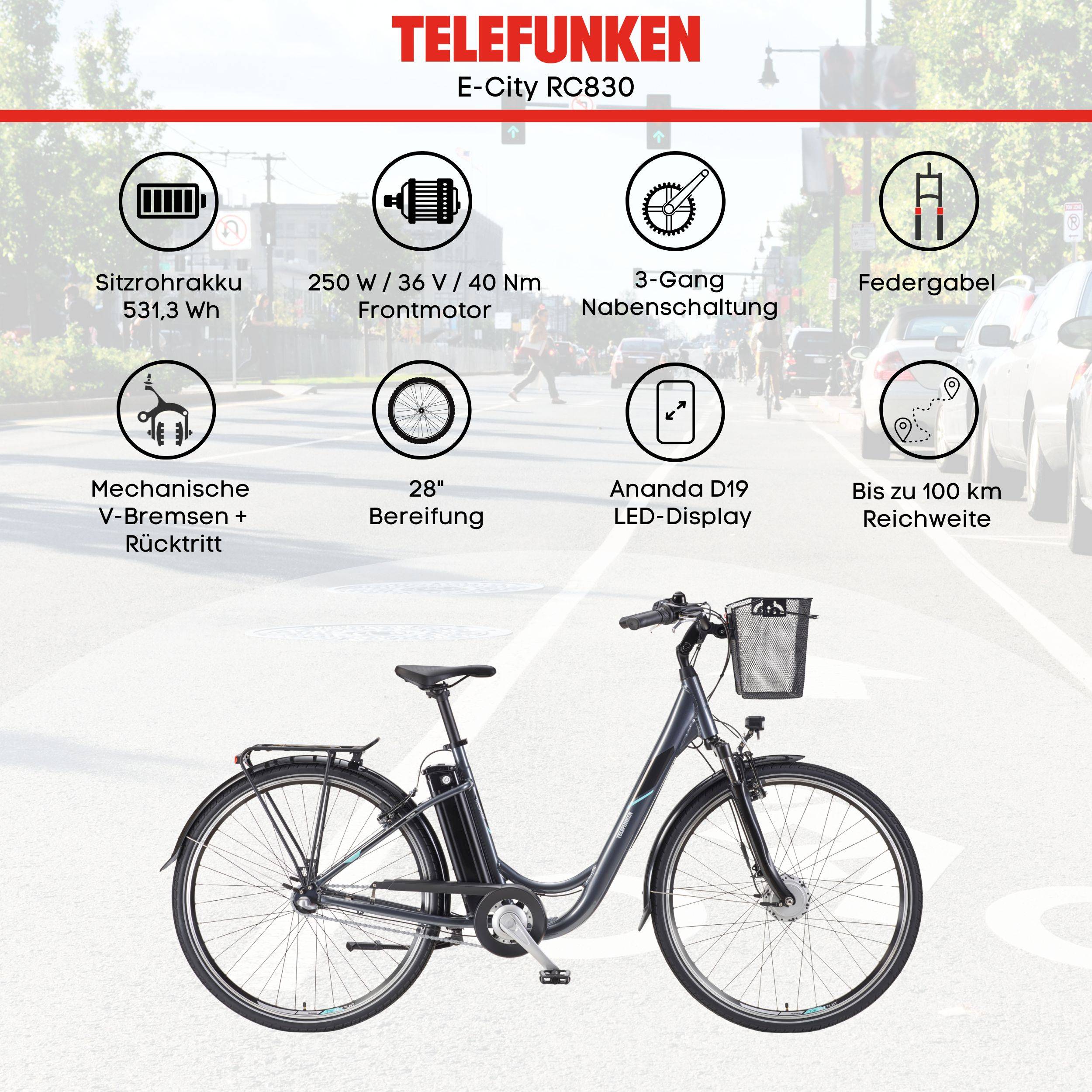 Telefunken E-Bike RC830 28 Zoll mit 3-Gang Shimano Nabenschaltung / Frontmotor 250W / Sitzrohrakku 531,3 Wh / anthrazit-2